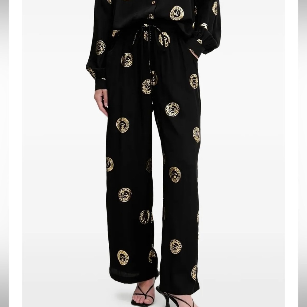 Never Fully Dressed Drawstring Palazzo Trousers Sz 10 Black Gold Fish Print NWT